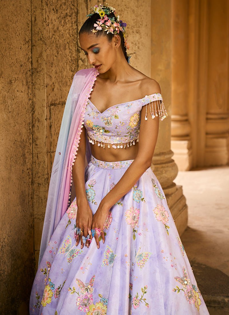 Periwinkle Embellished Velvet Lehenga - Lashkaraa