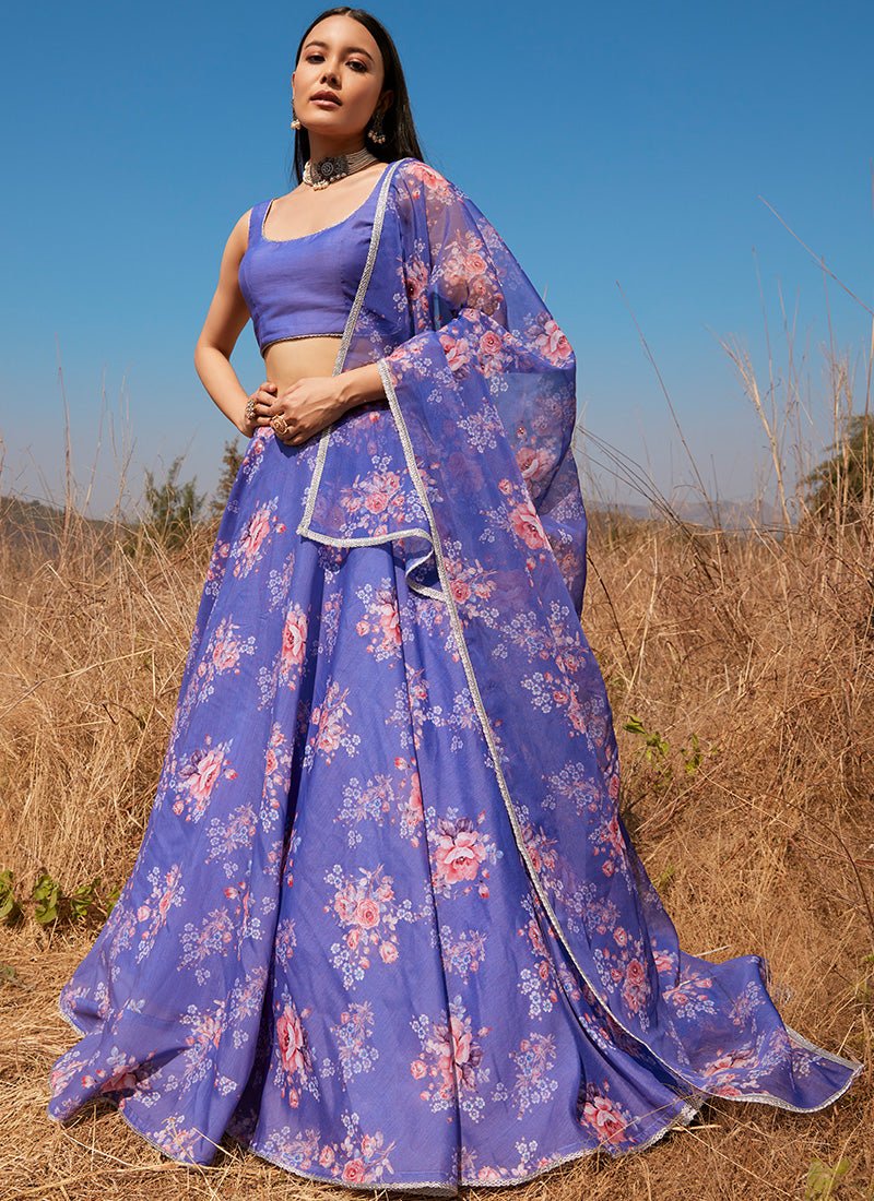 Periwinkle Floral Chanderi Lehenga - Lashkaraa