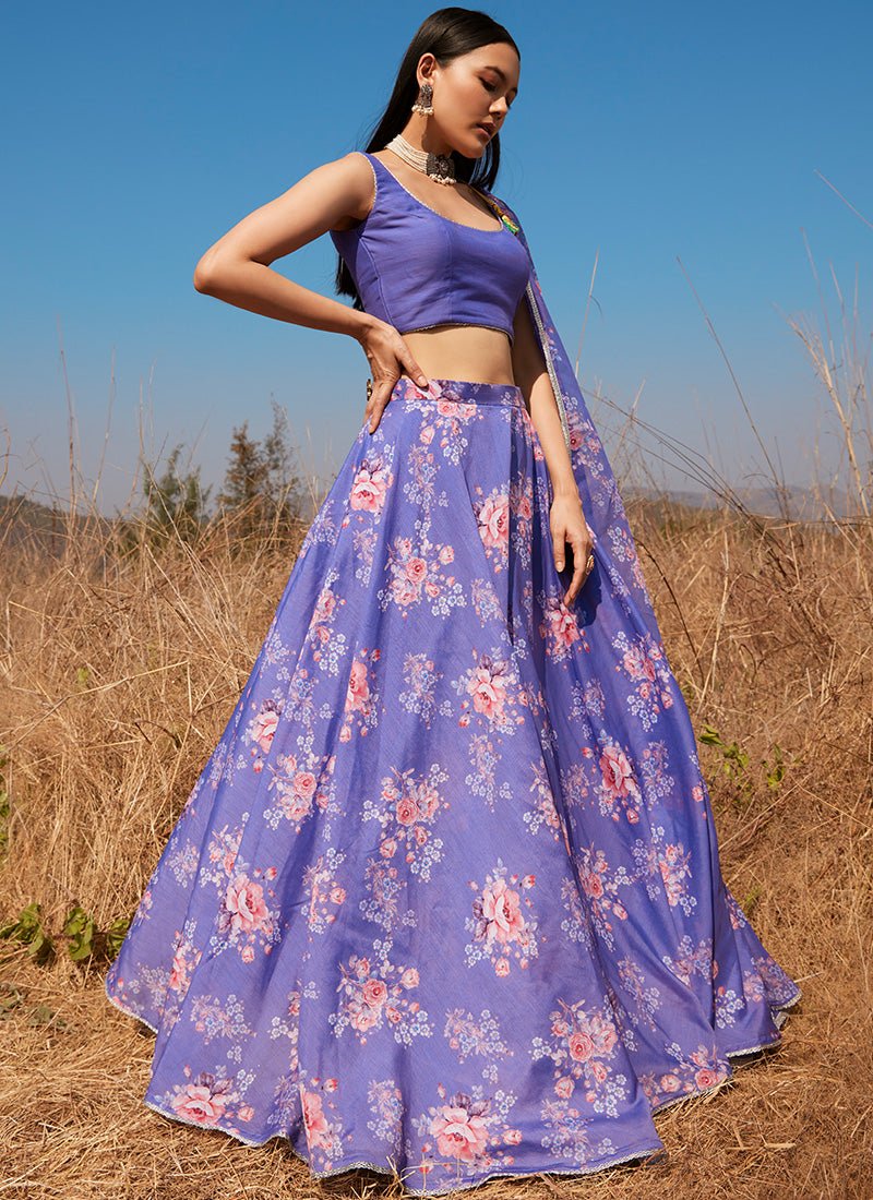 Periwinkle Floral Chanderi Lehenga - Lashkaraa