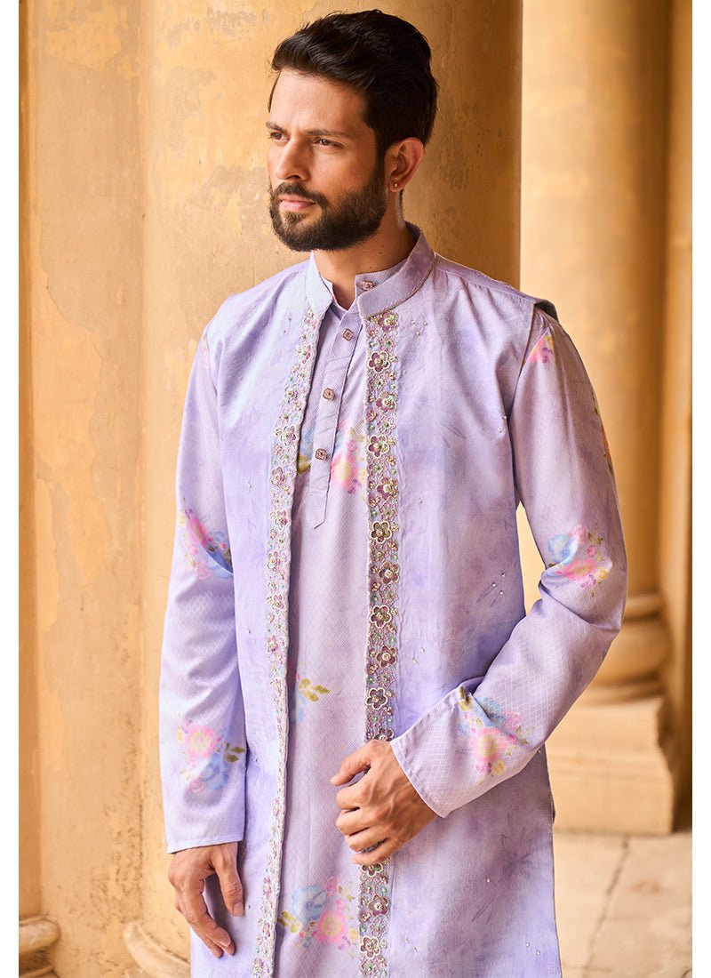 Periwinkle Velvet Embroidered Jacket With Kurta Set - Lashkaraa