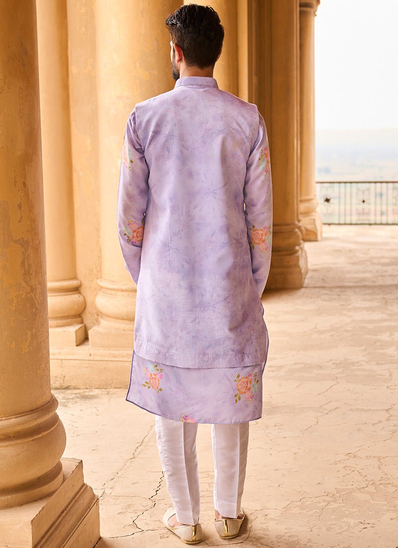 Periwinkle Velvet Embroidered Jacket With Kurta Set - Lashkaraa