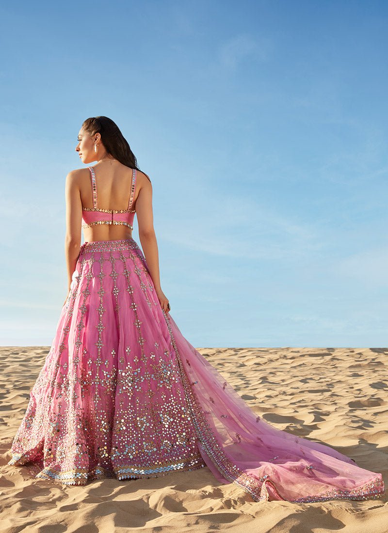 Pink Mirror Embroidered Organza Lehenga - Lashkaraa