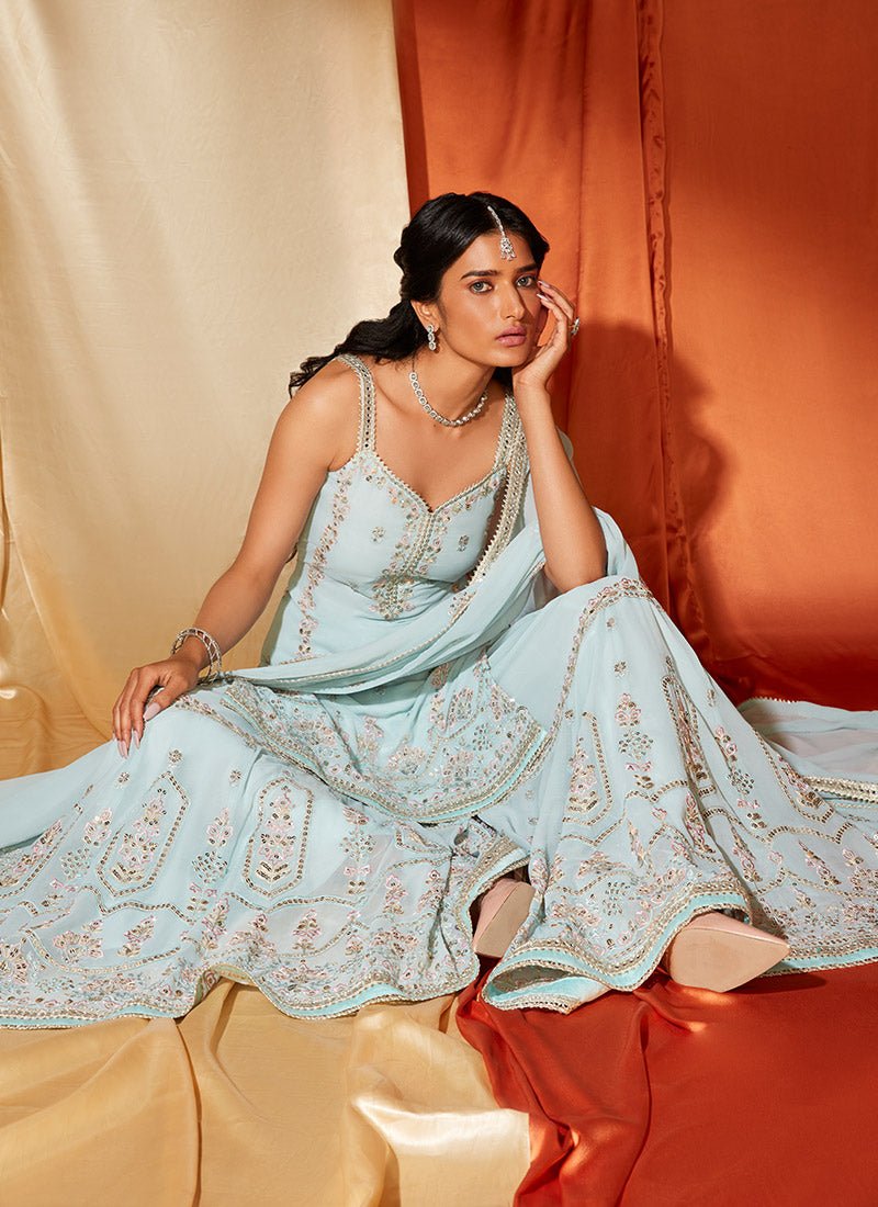 Powder Blue Embroidered Georgette Sharara Suit - Lashkaraa