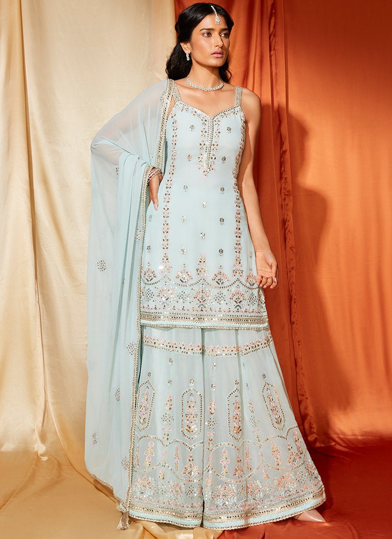 Powder Blue Embroidered Georgette Sharara Suit - Lashkaraa