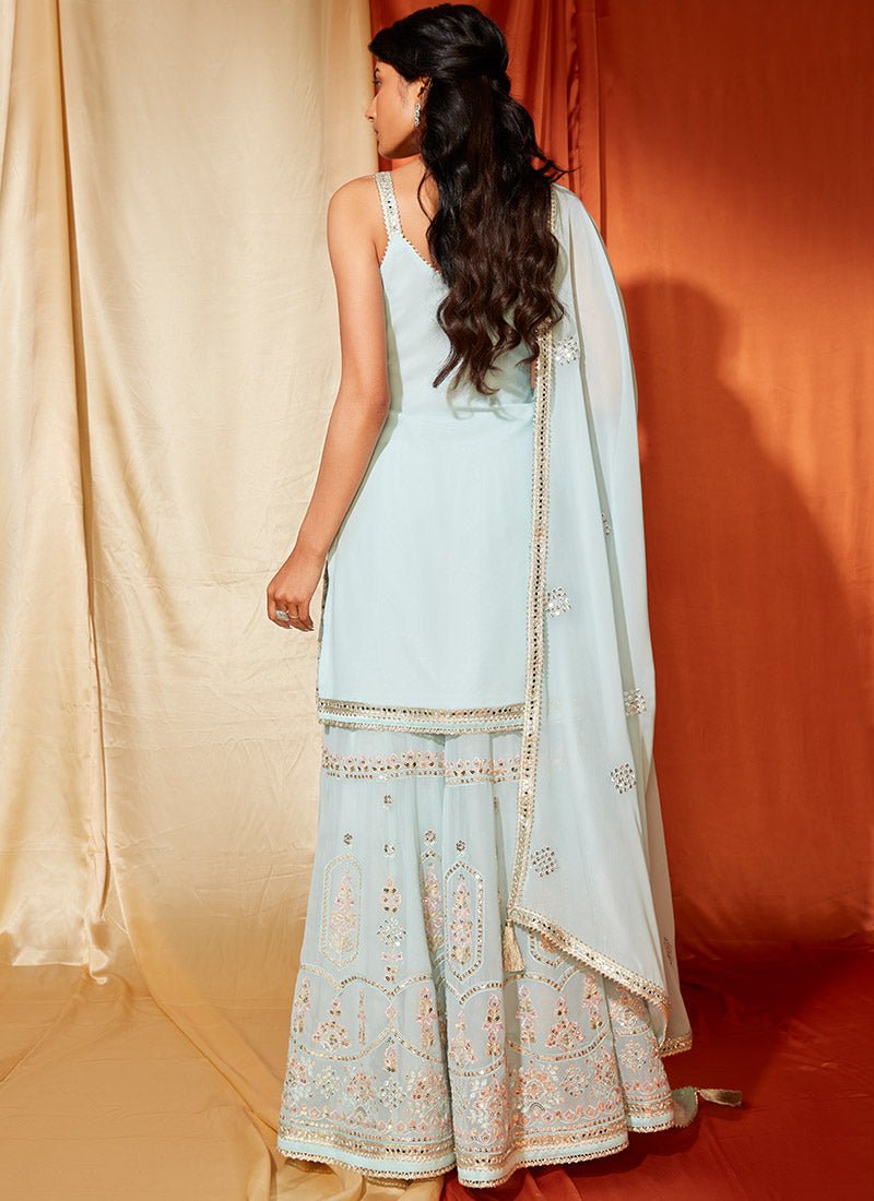 Powder Blue Embroidered Georgette Sharara Suit - Lashkaraa