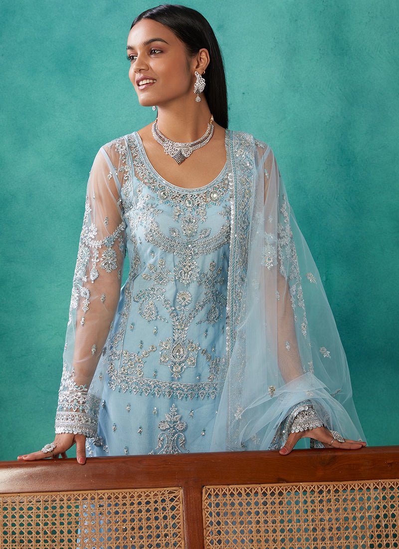 Powder Blue Heavy Embroidered Net Straight Suit - Lashkaraa