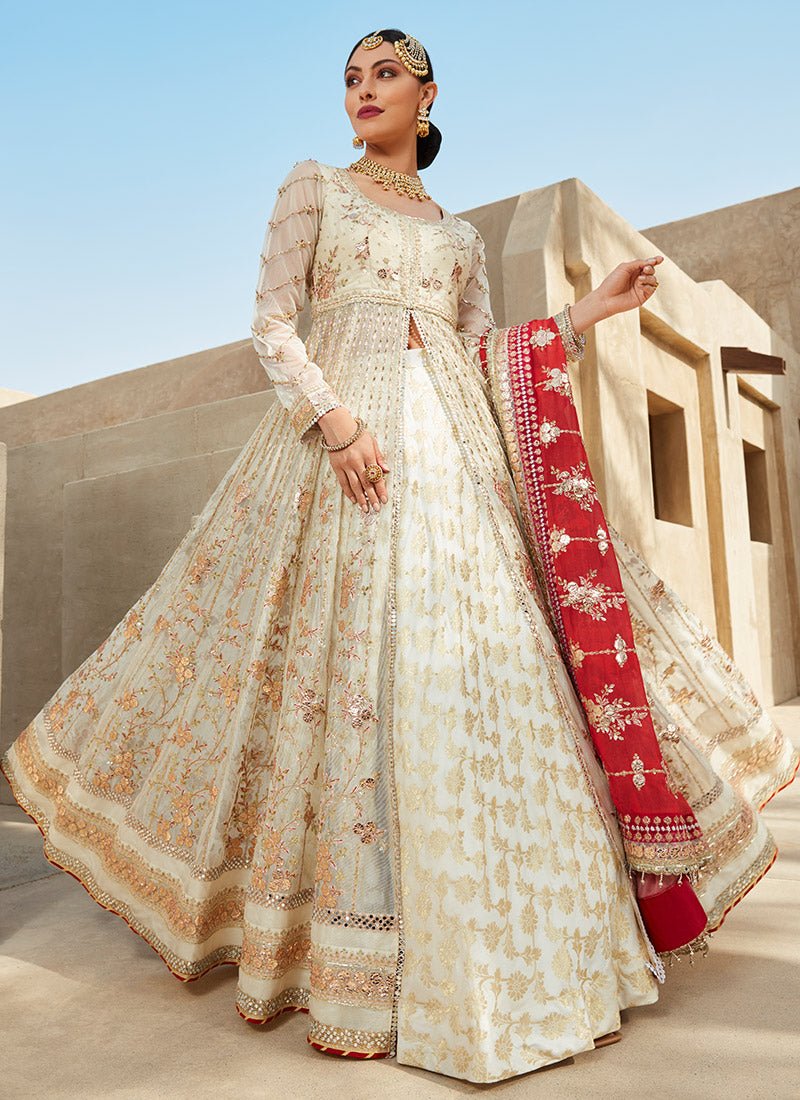 Red and Off White Anarkali Style Lehenga - Lashkaraa