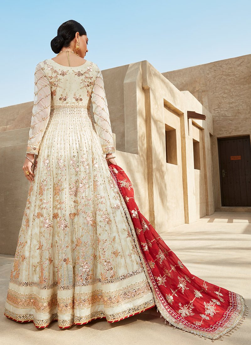 Red and Off White Anarkali Style Lehenga - Lashkaraa