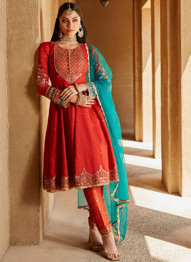 Red Orange and Teal Peplum Style Anarkali - Lashkaraa