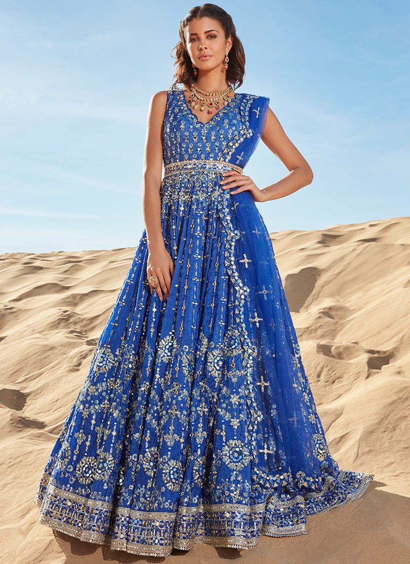 open lace back dress Royal Blue Mirror Embroidered Organza Anarkali