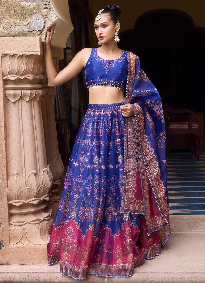Royal Blue Printed Organza Lehenga - Lashkaraa