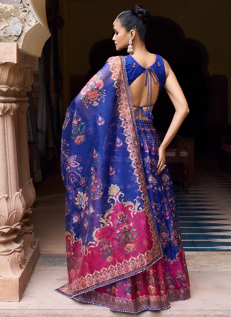Royal Blue Printed Organza Lehenga - Lashkaraa
