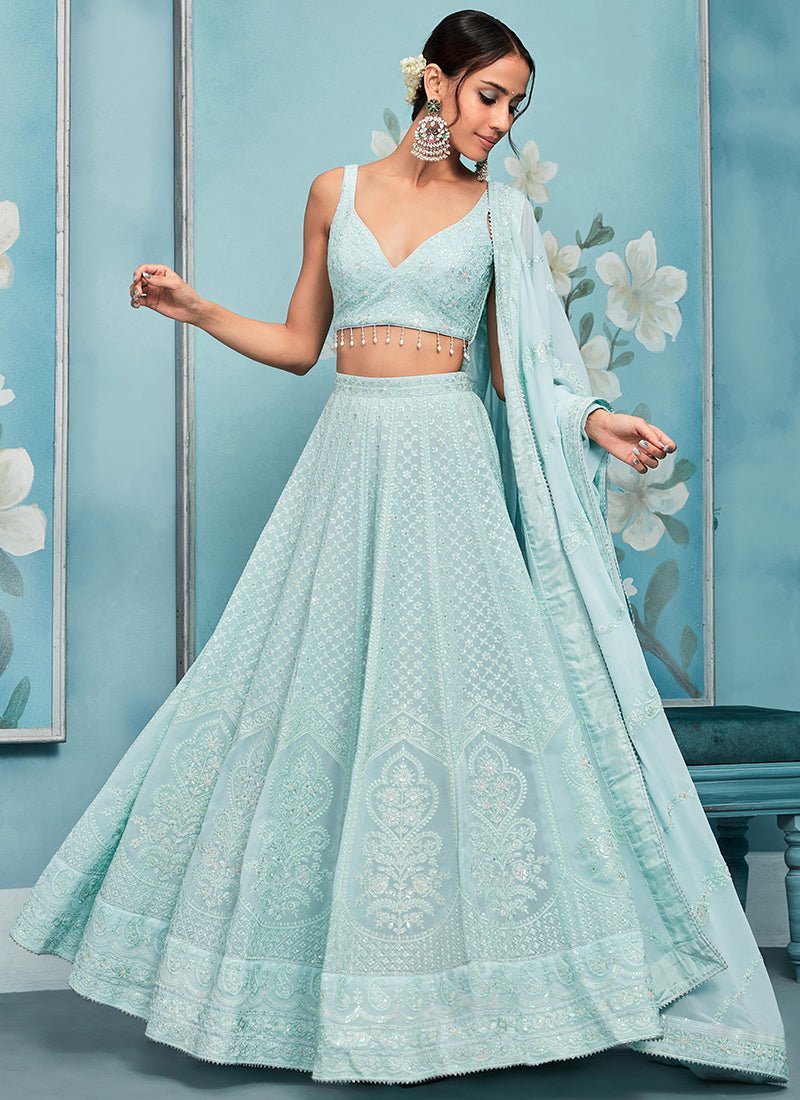 Sea Green Thread Embroidered Lehenga - Lashkaraa