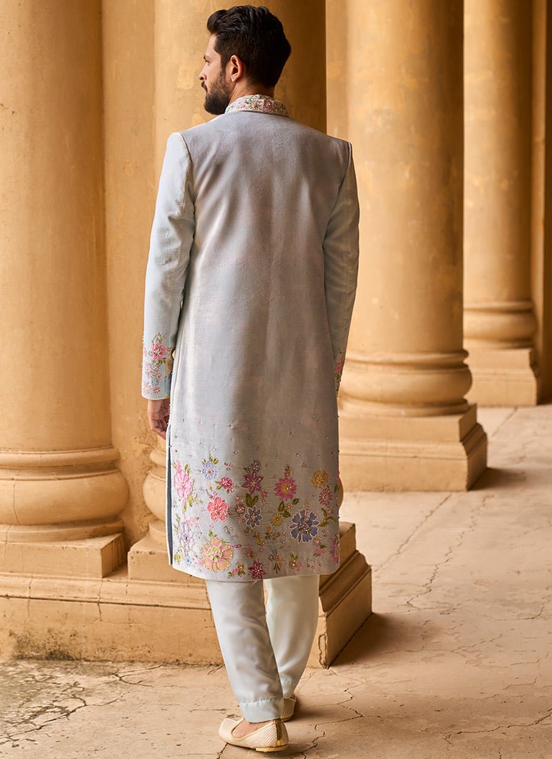Soft Mint Hand Embroidered Velvet Jodhpuri Set - Lashkaraa