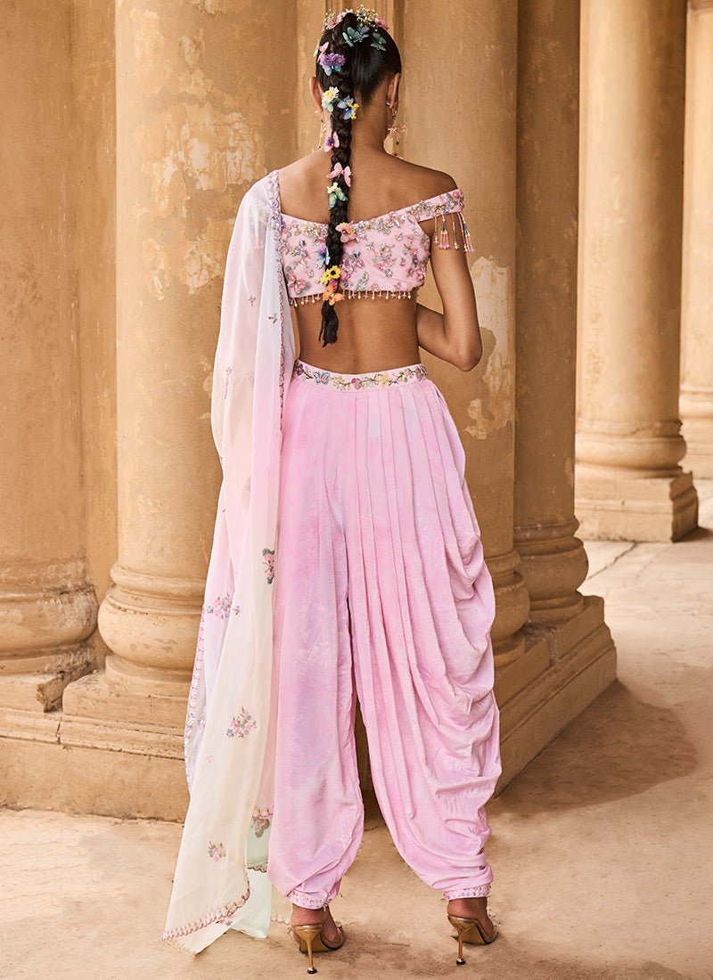 Soft Pink Off Shoulder Dhoti Style Suit - Lashkaraa
