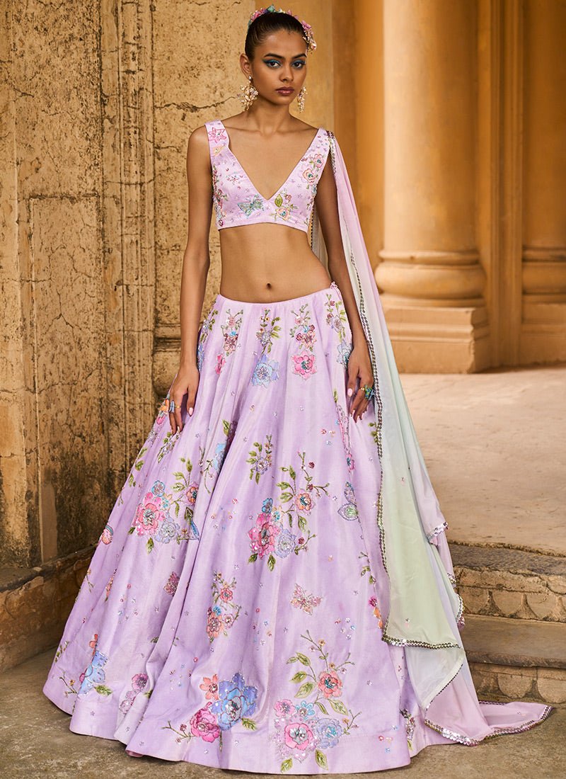 Soft Purple Embellished Velvet Lehenga - Lashkaraa