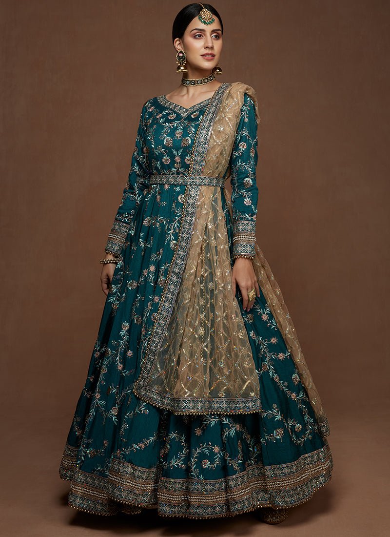 Teal Heavy Embroidered Silk Anarkali - Lashkaraa