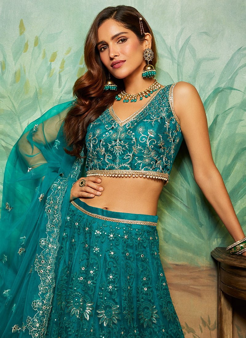 Teal Heavy Thread Embroidered Lehenga - Lashkaraa