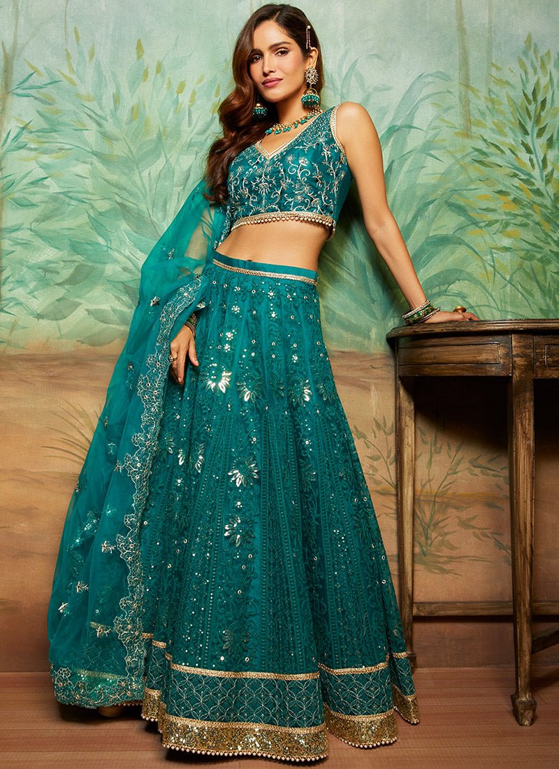 Teal Heavy Thread Embroidered Lehenga - Lashkaraa