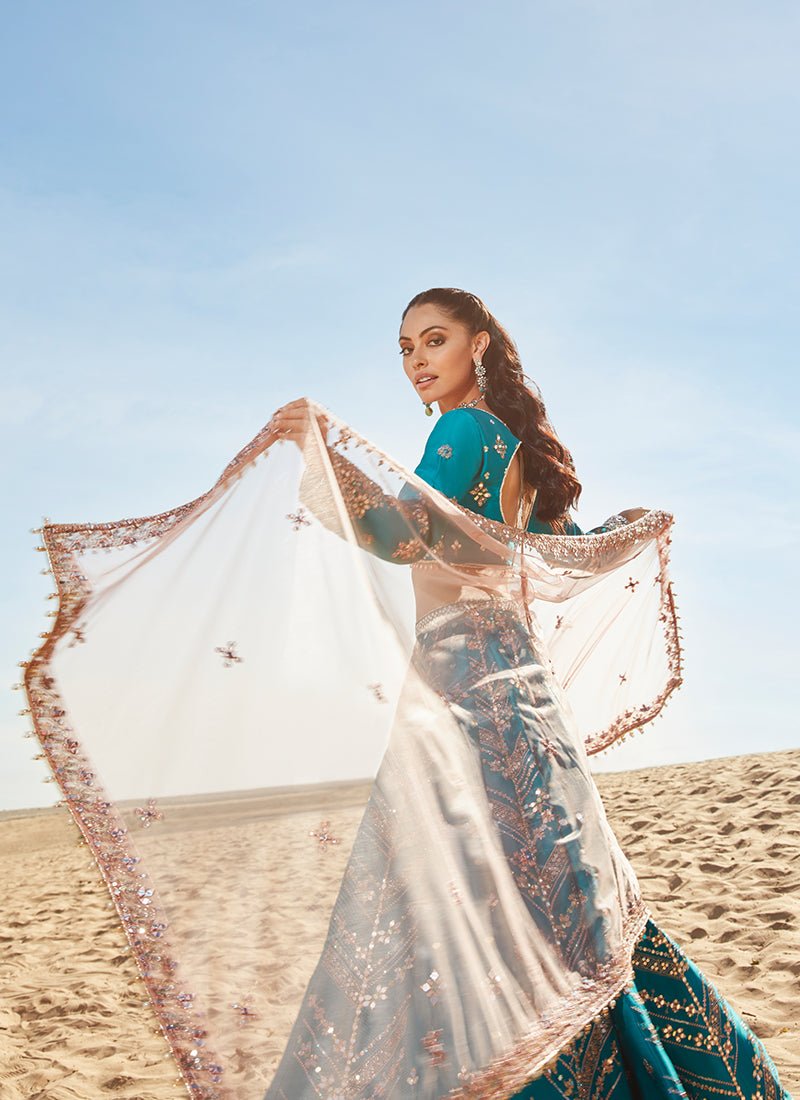 Teal Mirror Embroidered Satin Lehenga - Lashkaraa
