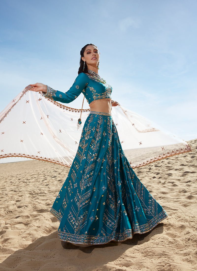 Teal Mirror Embroidered Satin Lehenga - Lashkaraa