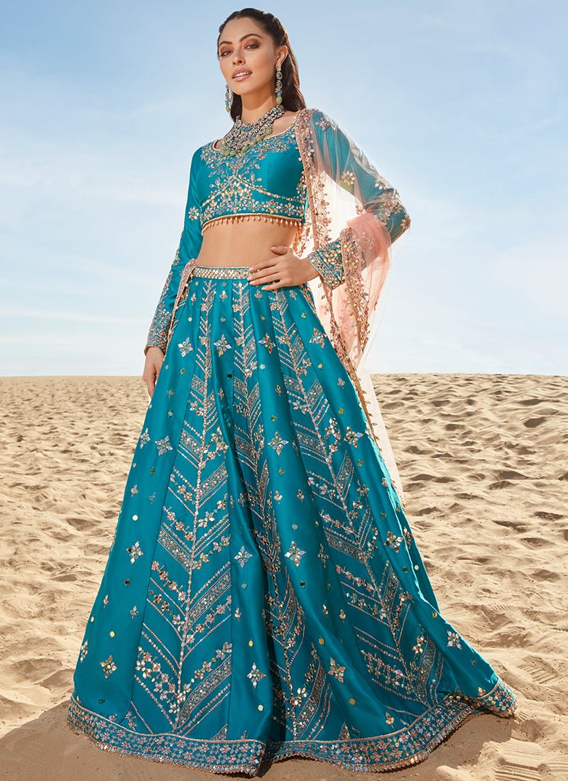 Teal Mirror Embroidered Satin Lehenga - Lashkaraa