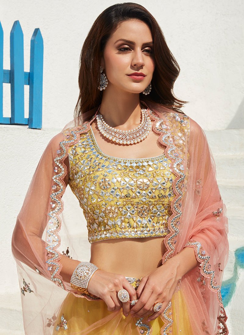 Yellow and Pink Embroidered Net Lehenga - Lashkaraa