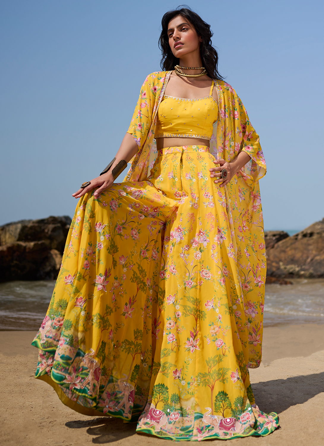 Yellow Floral Printed Crop Sharara Set - Lashkaraa