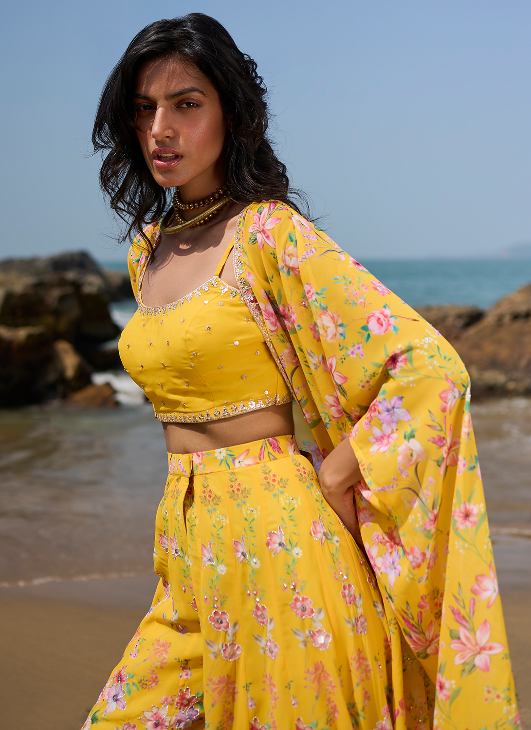 Yellow Floral Printed Crop Sharara Set - Lashkaraa
