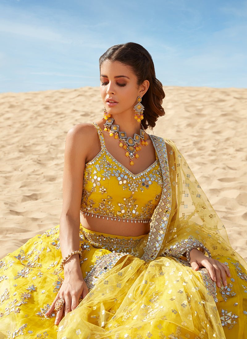 Yellow Mirror Embroidered Organza Lehenga - Lashkaraa