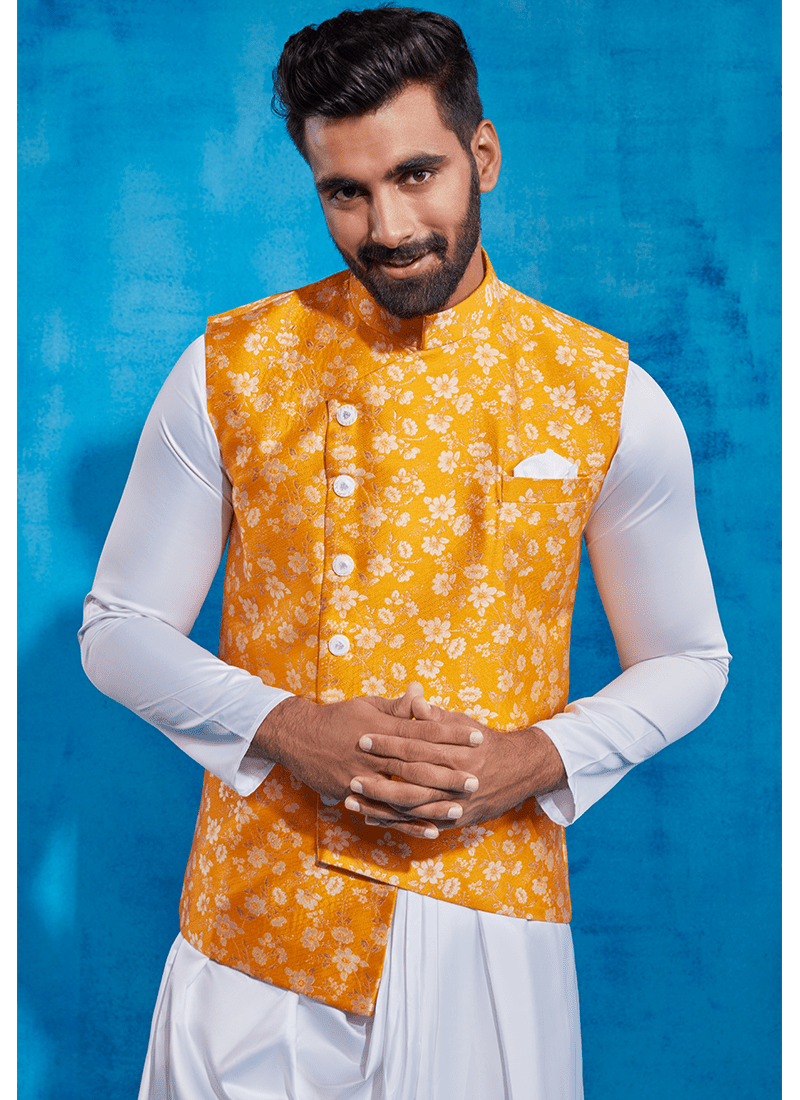 Yellow Printed Nehru Jacket and Drape Style Kurta Set - Lashkaraa