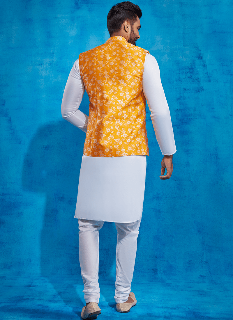 Yellow Printed Nehru Jacket and Drape Style Kurta Set - Lashkaraa