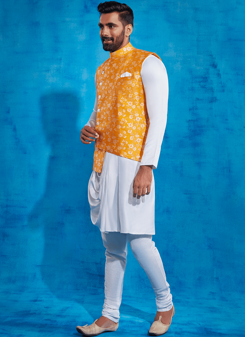 Yellow Printed Nehru Jacket and Drape Style Kurta Set - Lashkaraa