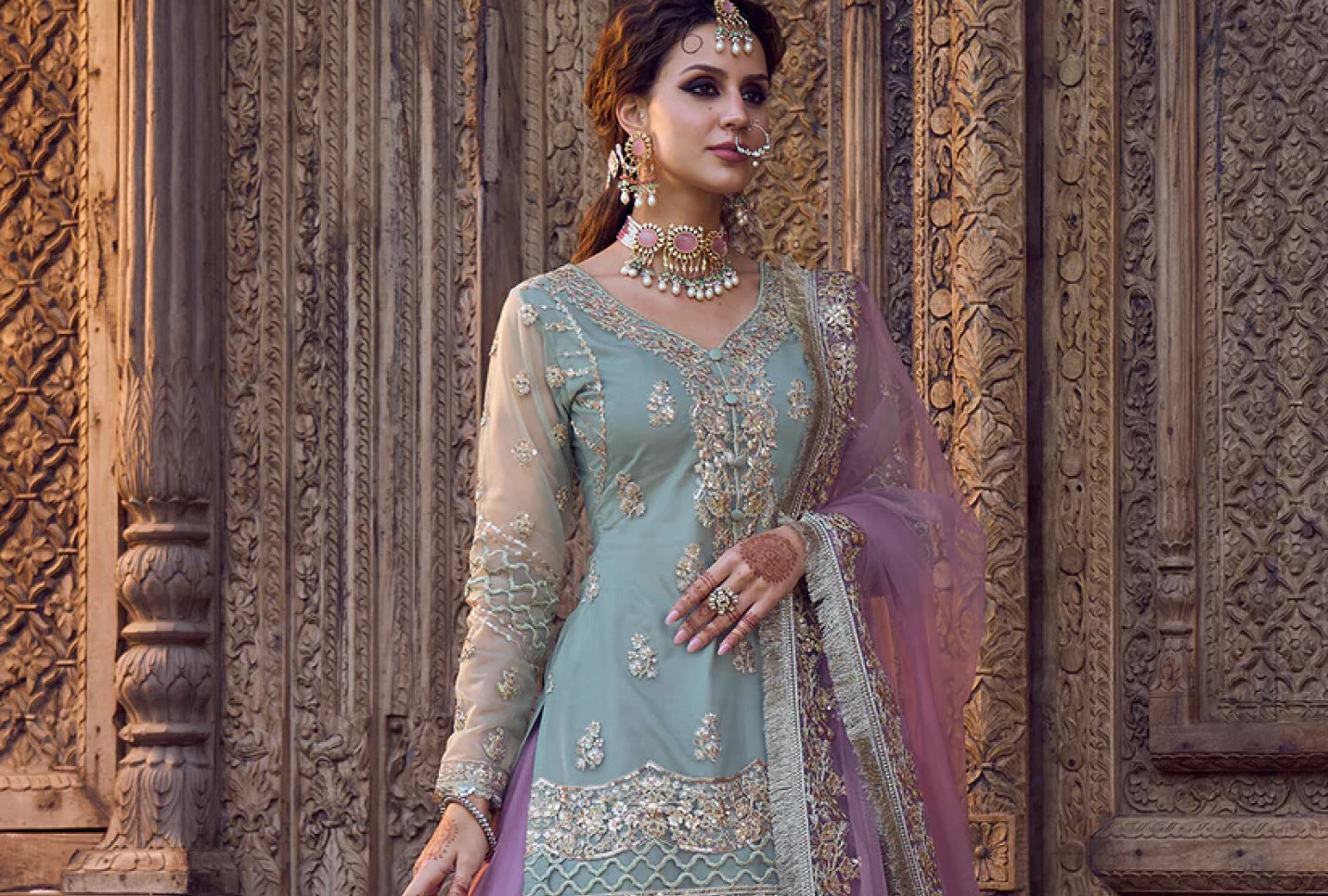 Dusty Sage Green Designer Embroidered Silk Wedding Sharara Suit | Saira's  Boutique