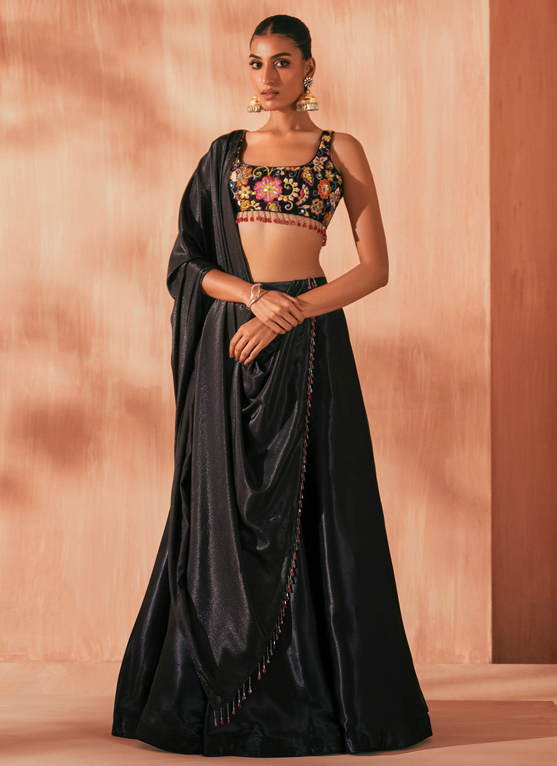 Black Embroidered Satin Lehenga