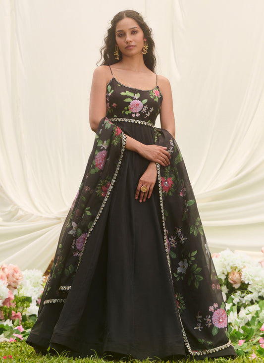 Black Multicolor Floral Printed Anarkali