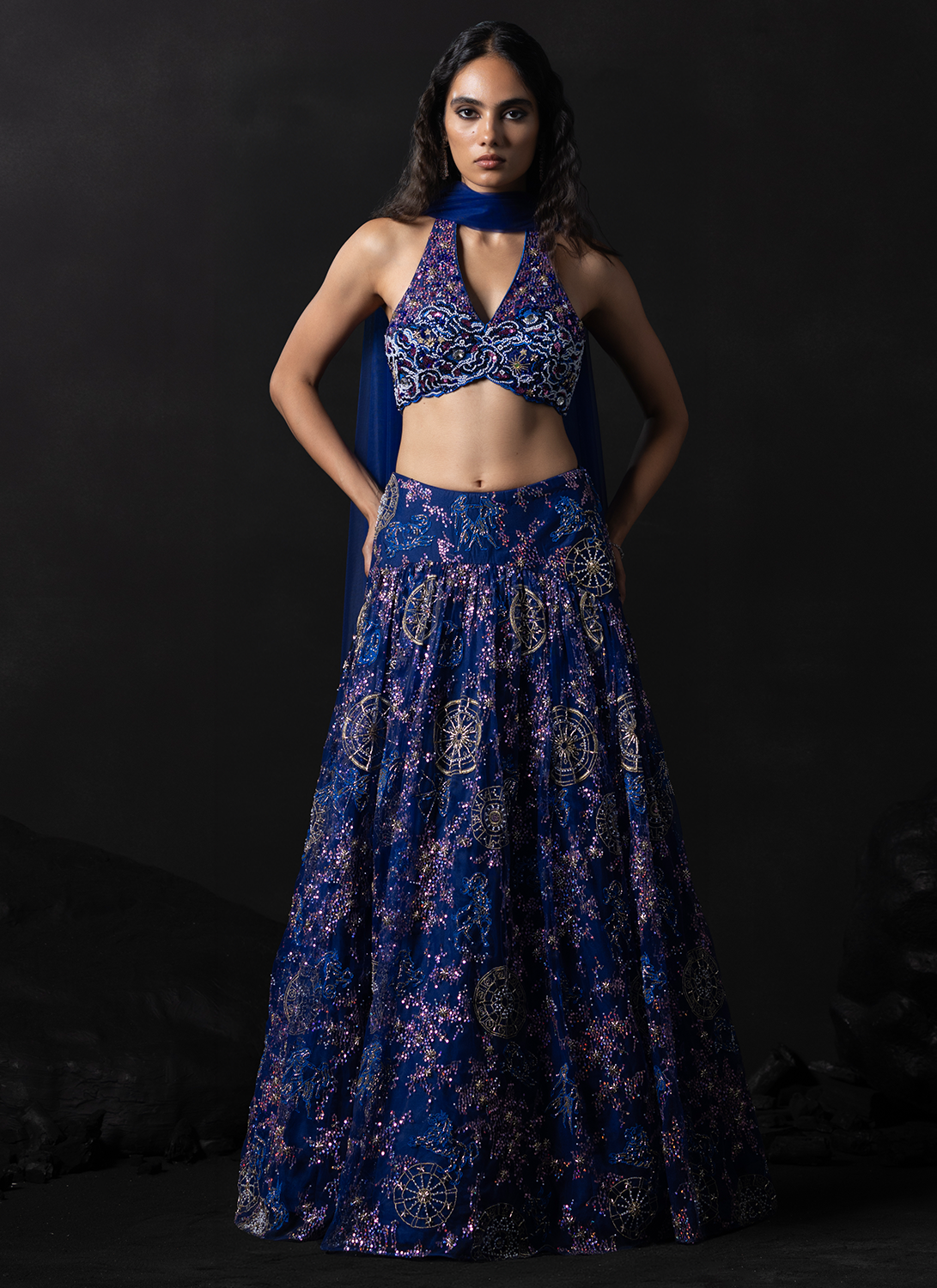 Blue Embroidered Net Lehenga