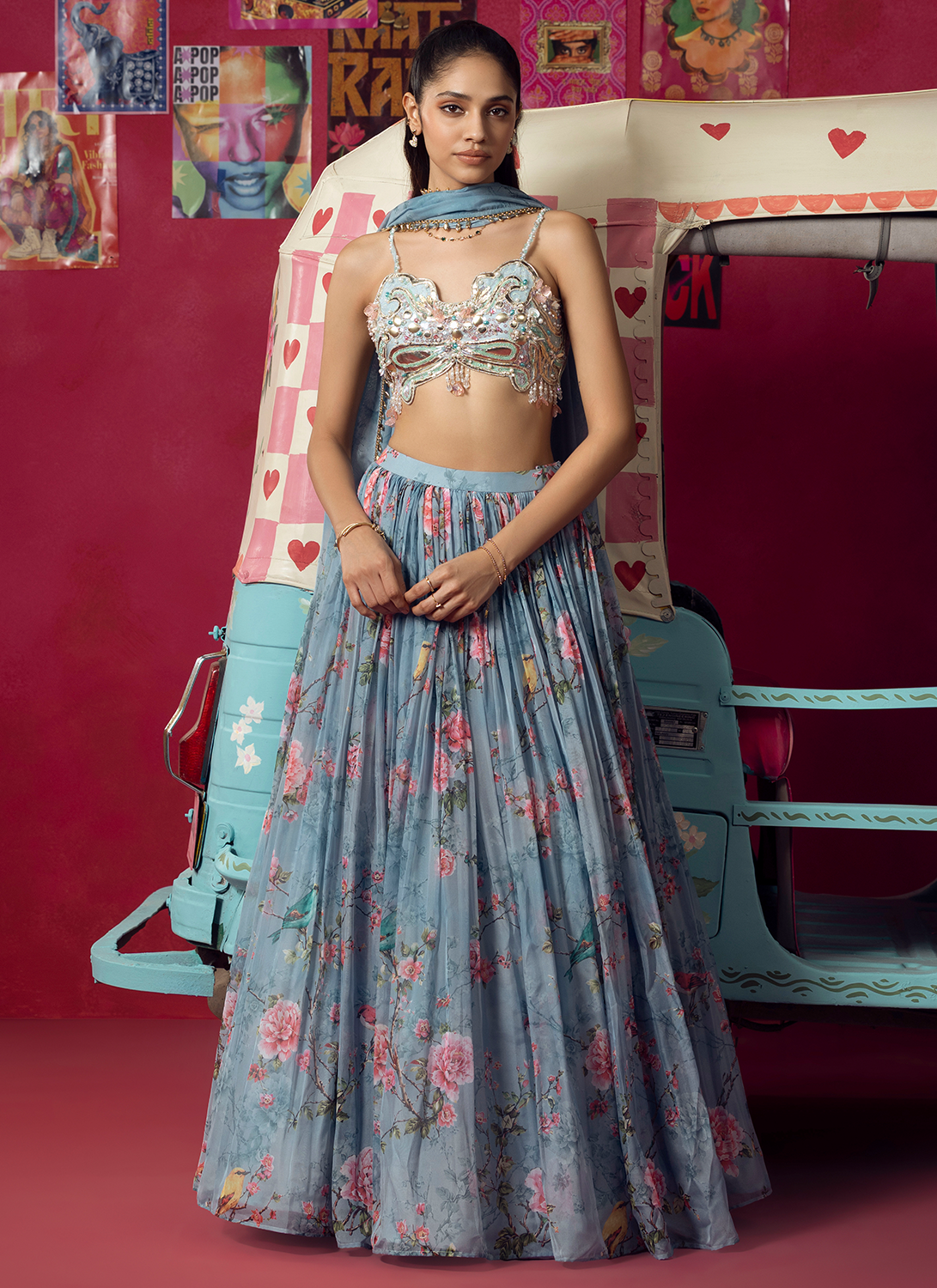 Blue Floral Embroidered Silk Lehenga