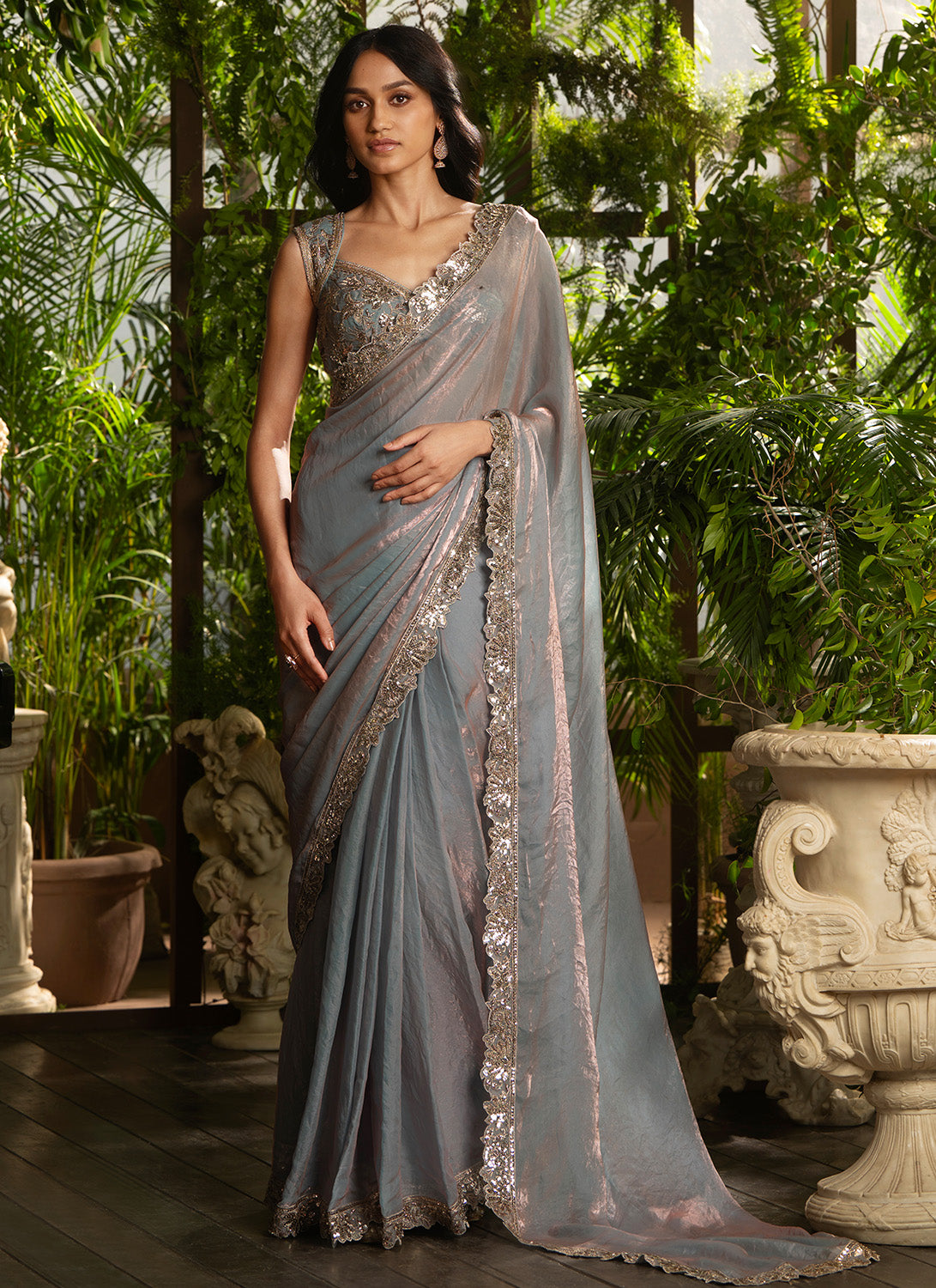 Blue Grey Embroidered Silk Saree