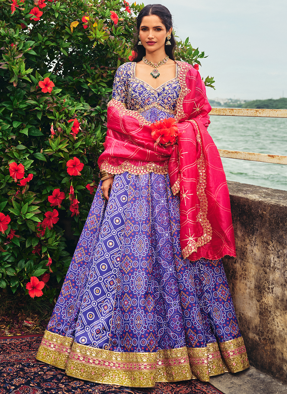 Blue Multicolor Embroidered Bandhani Anarkali