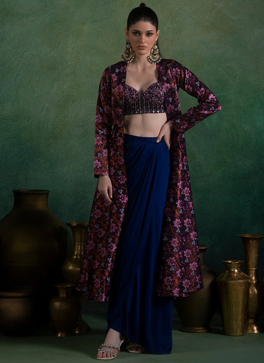 Blue Multicolor Embroidered Brocade Skirt Set