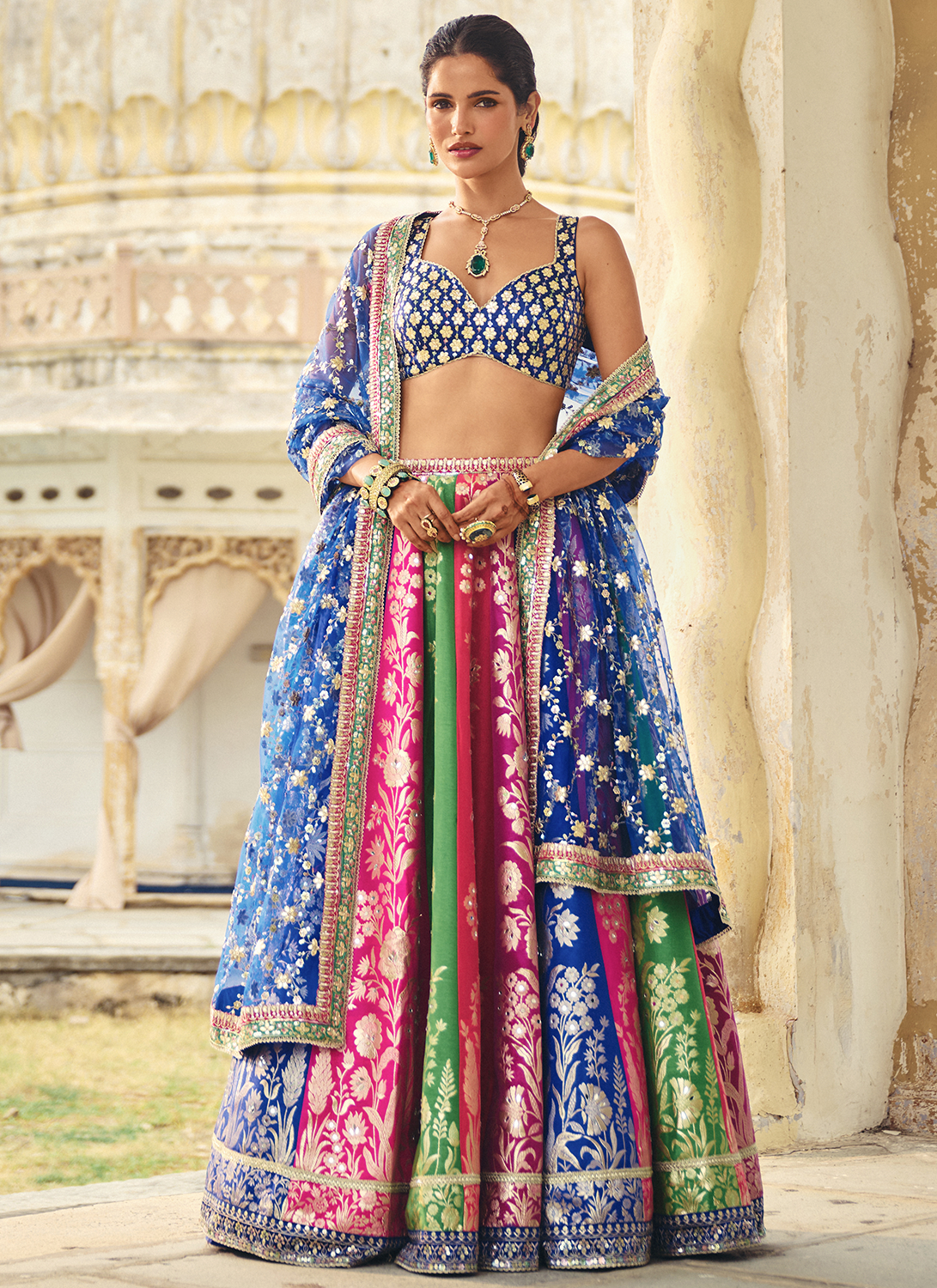 Blue Multicolor Embroidered Silk Lehenga