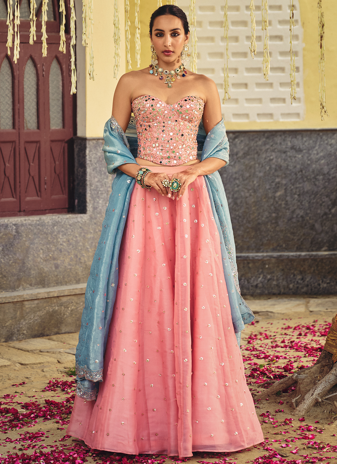 Blush Pink Embroidered Corset Style Lehenga