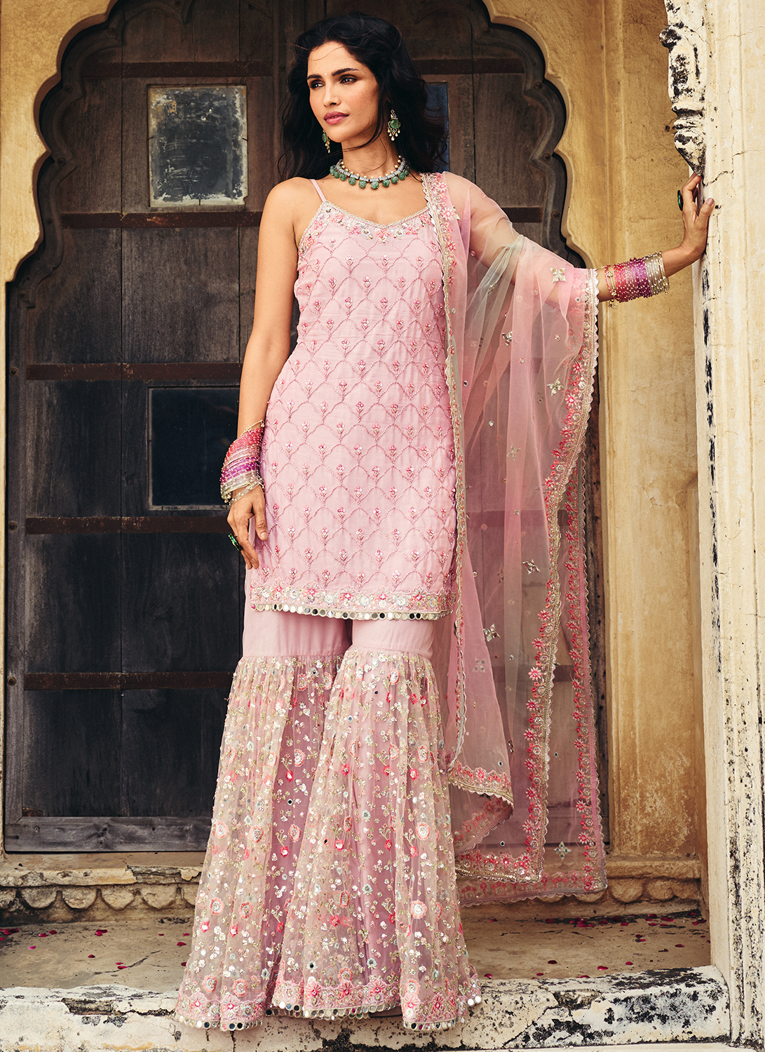 Blush Pink Embroidered Viscose Chinon Gharara