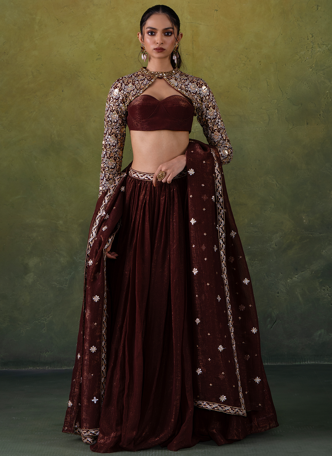 Brown Embroidered Organza Lehenga