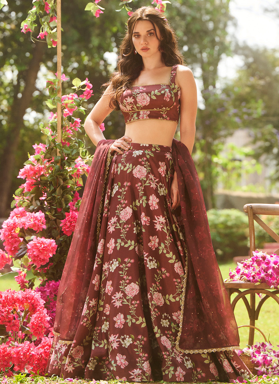 Brown Multicolor Floral Printed Lehenga