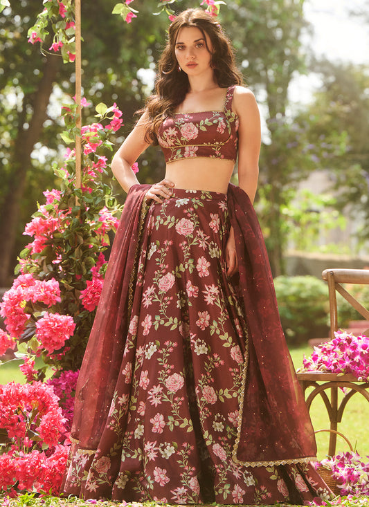 Brown Multicolor Floral Printed Lehenga