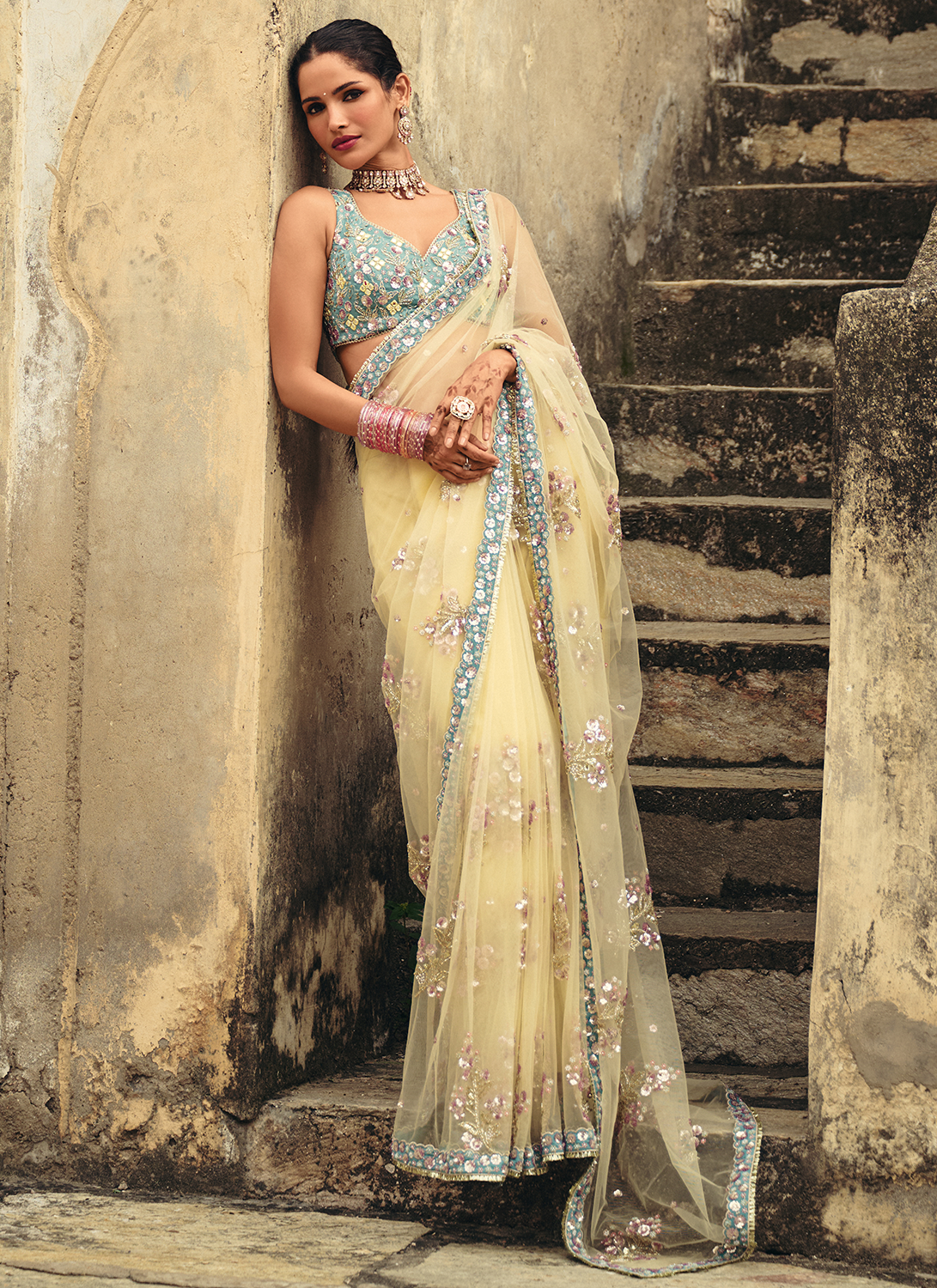 Butter Yellow Embroidered Silk Saree