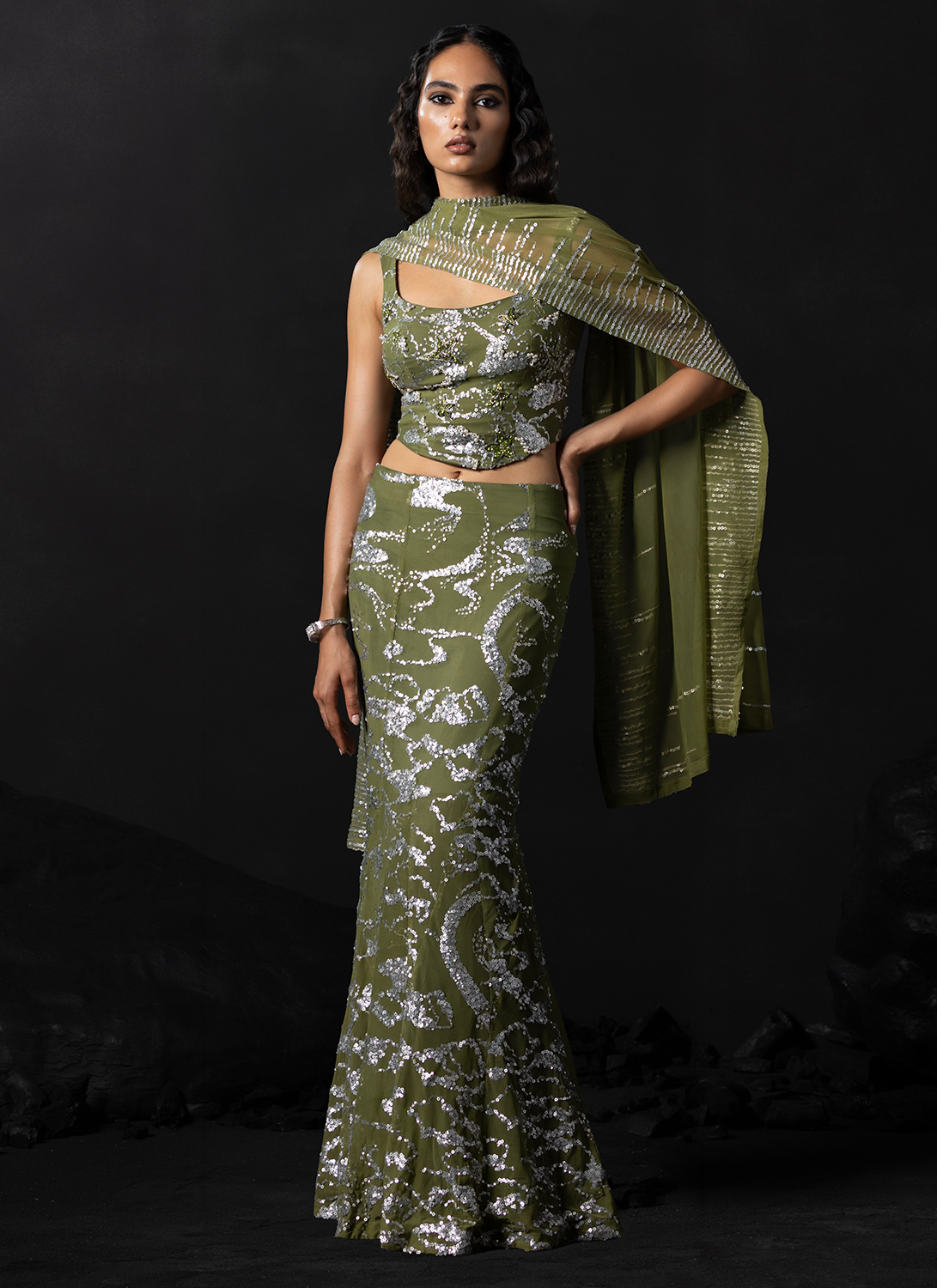 Green Embroidered Net Lehenga