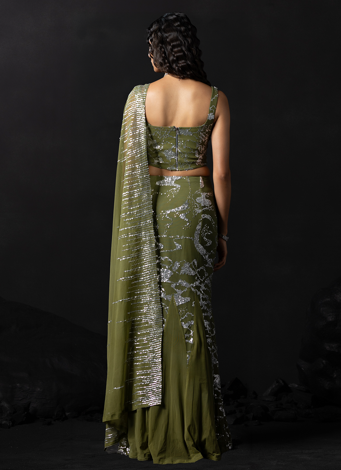 Green Embroidered Net Lehenga
